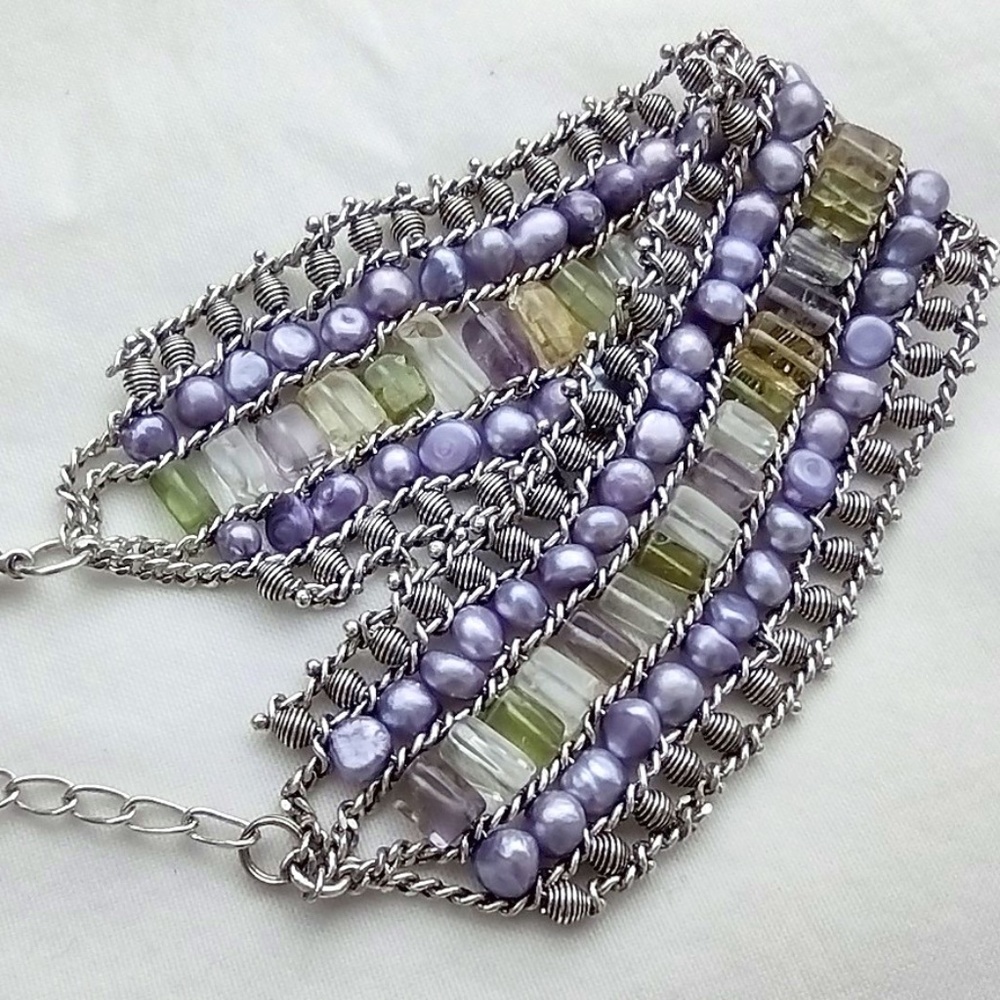 Vintage Ethnic Chunky Bracelet with Peridot, Dyed Pearls & Purple Stones Costume